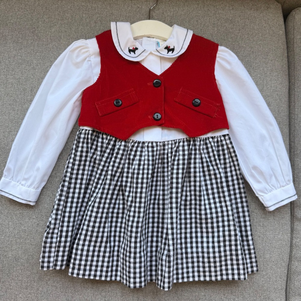 Vintage Toddler Girls Red Corduroy Gingham Scottie Dog Dress 3T Cotton 1990s